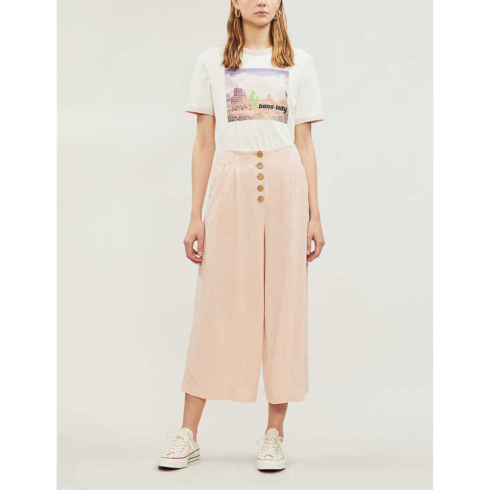 Topshop Linen Blend Wide Leg Cropped Pants With Buttons Blush Pink Size 4 $115